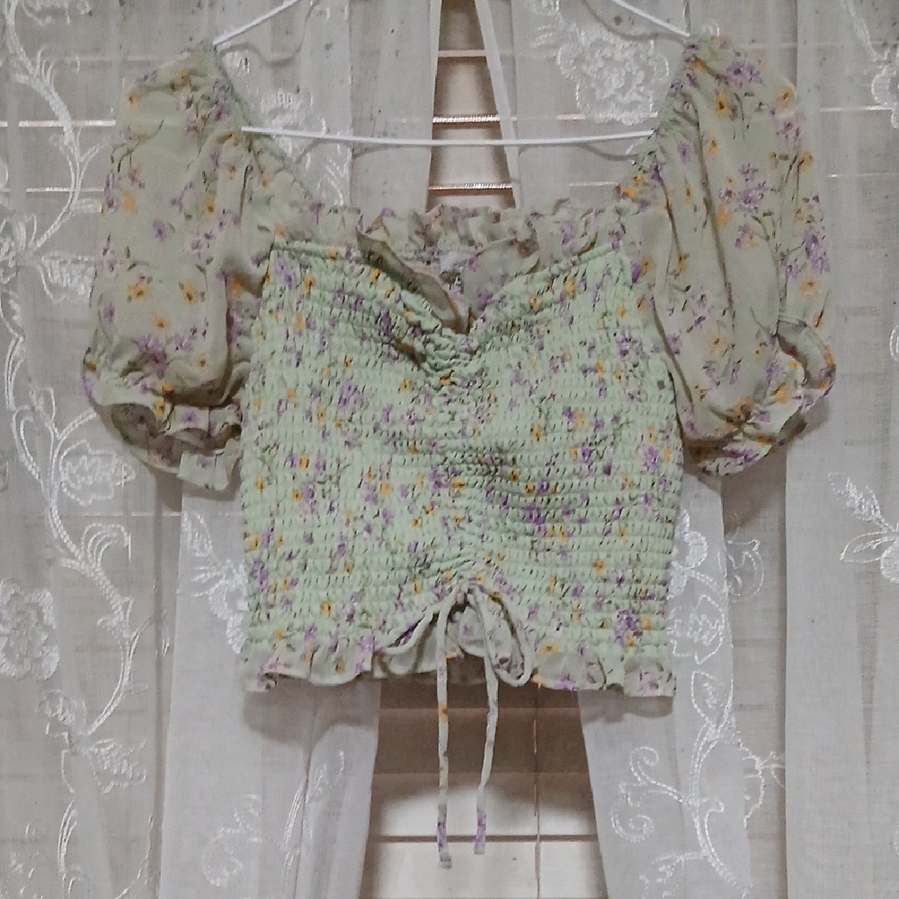 Zara Cream Smocked Tie Front Blouse